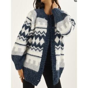 Vita Grace Aspen Fair Isle Gray Blue Oversized Wool Blend Cardigan M/L